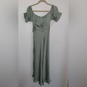 Olive Green Satin Off Shoulder Dress